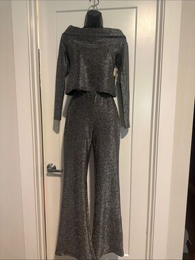 No Boundaries Silver Shimmery Wide-Leg Jumpsuit